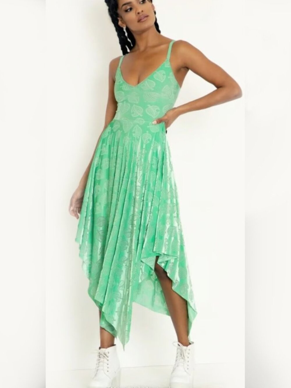 Blackmilk Animal Crossing Green Leaf Burned Velvet Handkerchief Dress Size XS